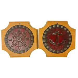 Vintage 70s Nautical Wood Trivets Anchor Ship Wheel Wall Hanging Set